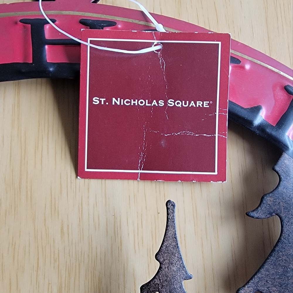 St. Nicholas Square Red and Brown Deer Metal Holiday Wreath With Bells. - Picture 3 of 10